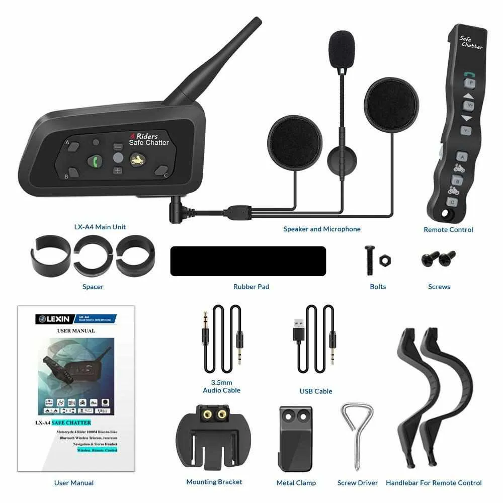 1pcs A4BT Bluetooth Motorcycle Helmet Intercom Headset with Remote Controller for 4 Riders