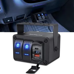 2Gang Blue Rocker Switch Box w/ PD Type C | QC 3.0 USB Charger Voltmeter