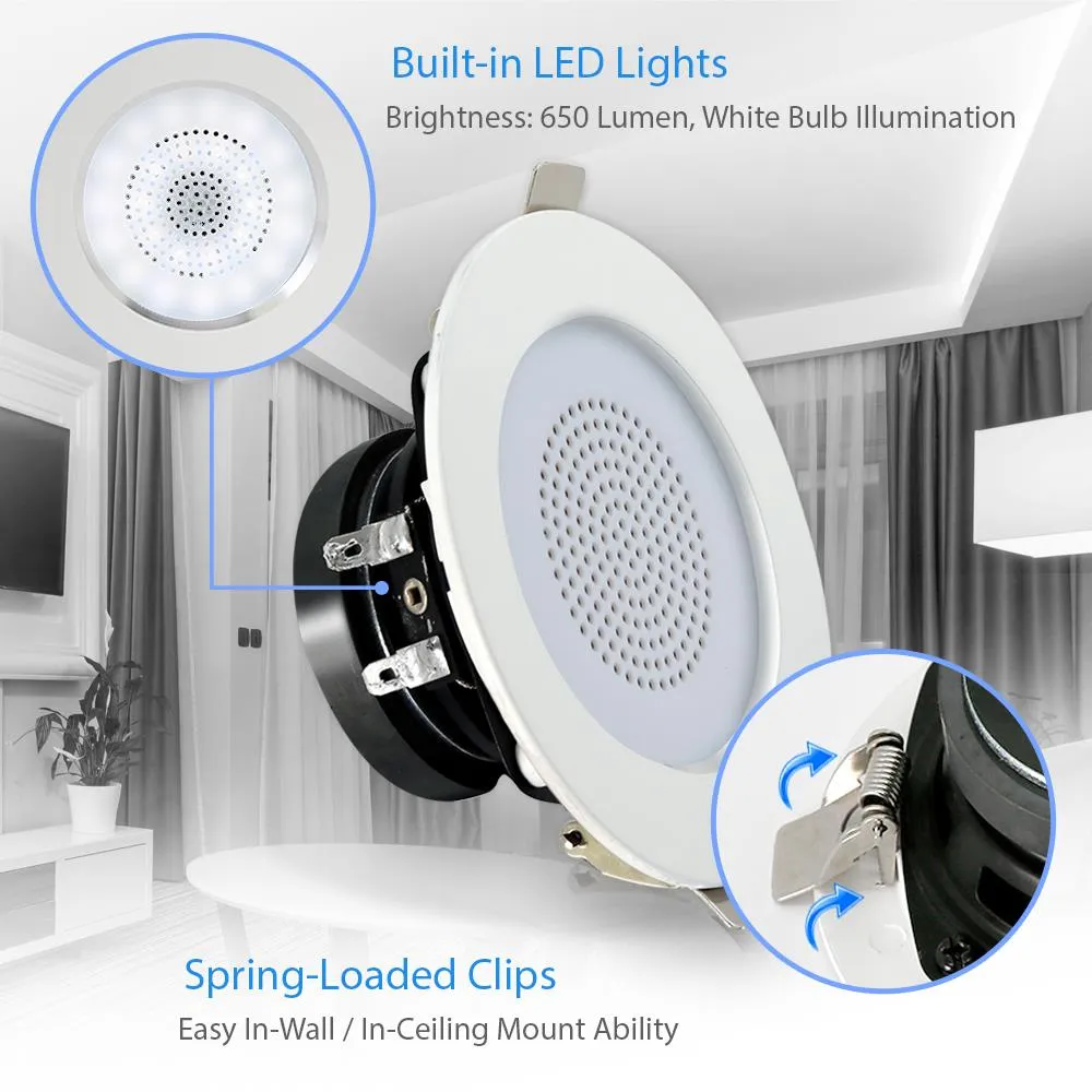 3’’ Bluetooth Ceiling / Wall Speaker Kit, (4) Aluminum Frame Speakers With Built-In Led Light
