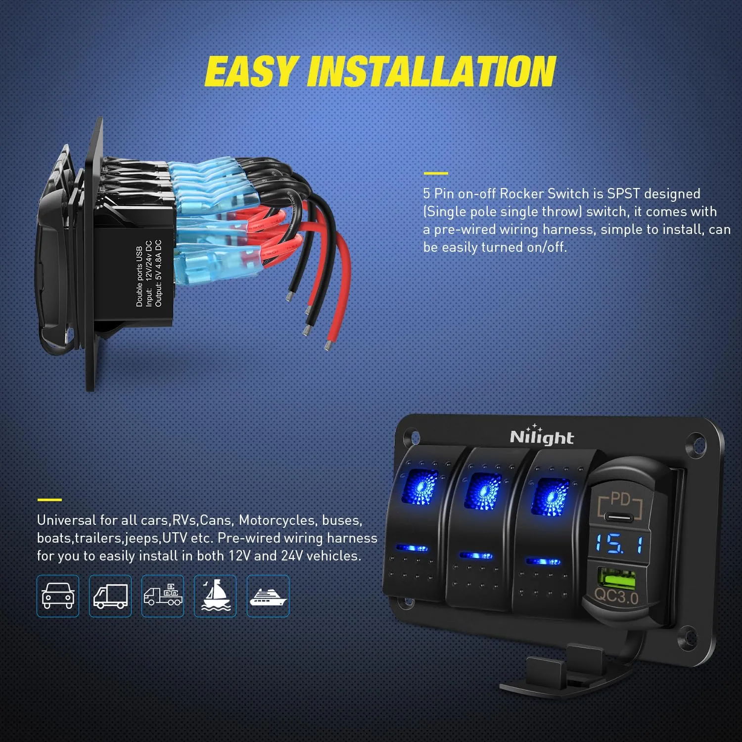 3Gang Aluminum 5Pin ON/Off Blue Rocker Switch Panel w/ PD Type C & USB Charger Voltmeter
