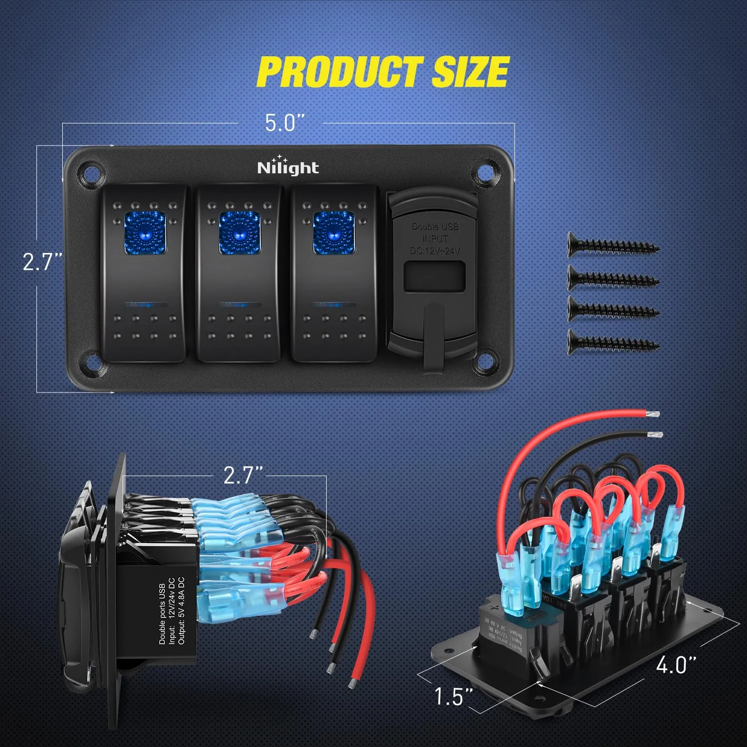 3Gang Aluminum 5Pin ON/Off Blue Rocker Switch Panel w/ PD Type C & USB Charger Voltmeter