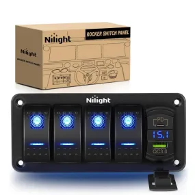 4Gang Aluminum 5Pin ON/Off Blue Rocker Switch Panel w/ PD Type C and USB Charger Voltmeter