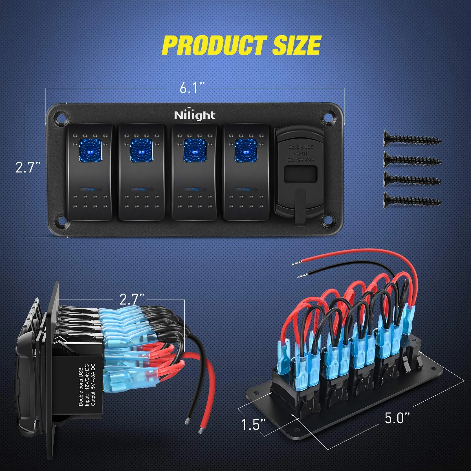 4Gang Aluminum 5Pin ON/Off Blue Rocker Switch Panel w/ PD Type C and USB Charger Voltmeter