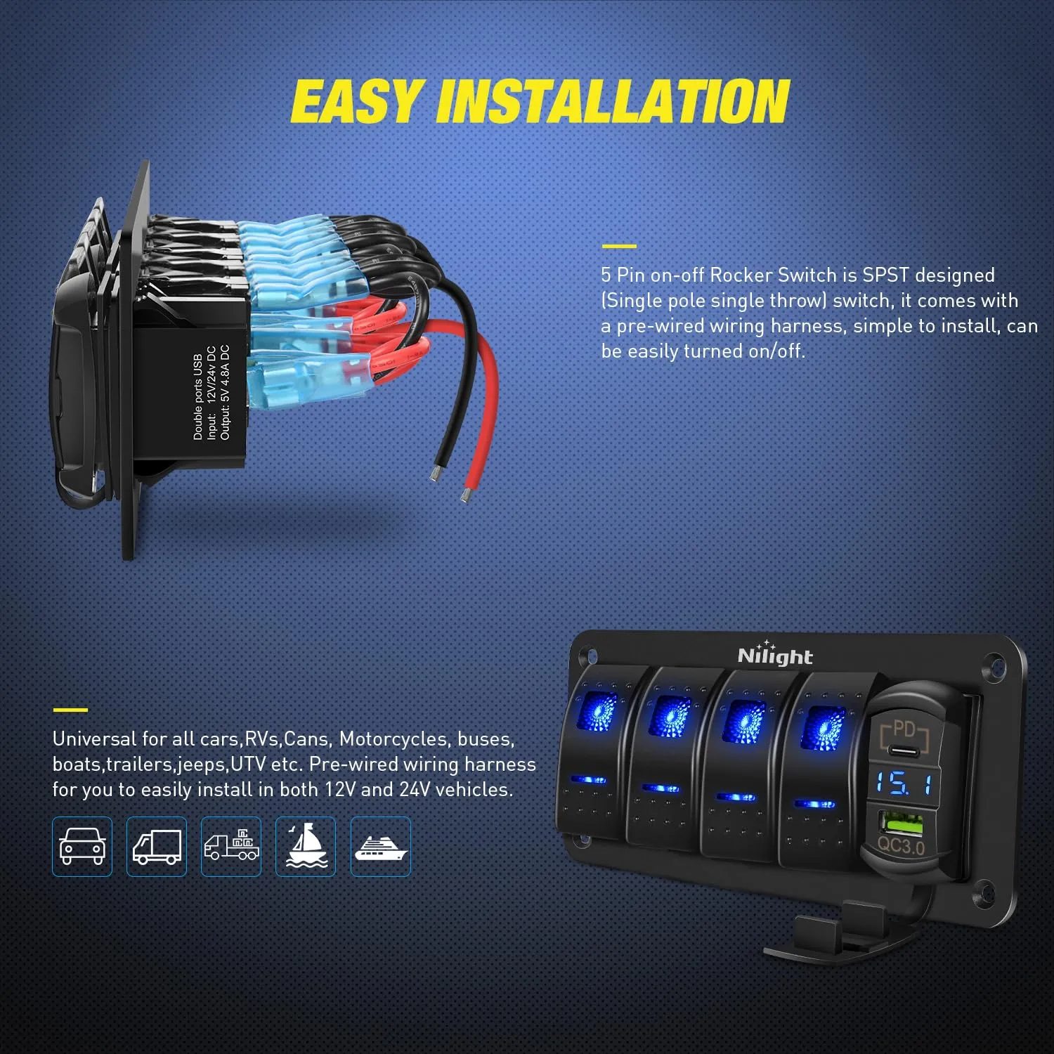 4Gang Aluminum 5Pin ON/Off Blue Rocker Switch Panel w/ PD Type C and USB Charger Voltmeter
