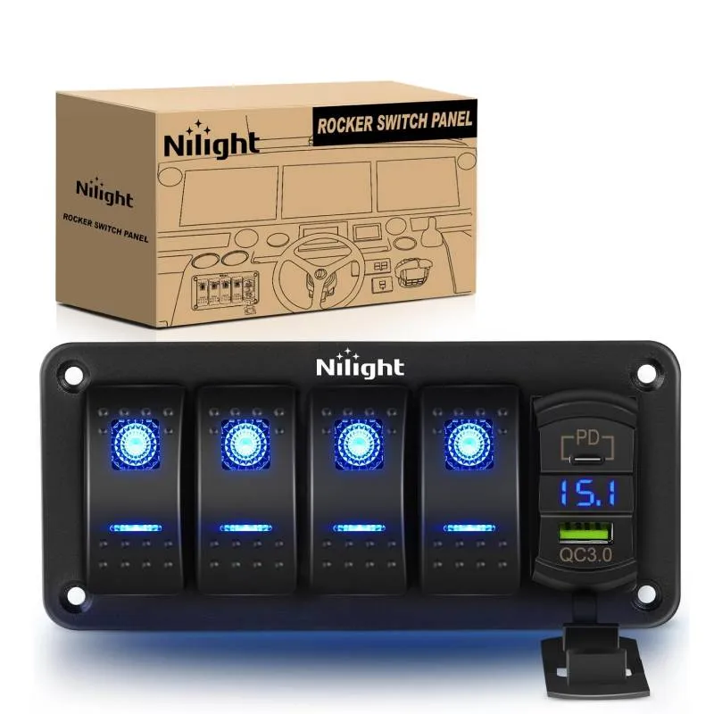 4Gang Aluminum 5Pin ON/Off Blue Rocker Switch Panel w/ PD Type C and USB Charger Voltmeter