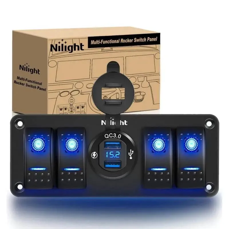 4Gang Aluminum 5Pin ON/Off Blue Rocker Switch Panel w/ QC 3.0 Dual USB Charger Voltmeter