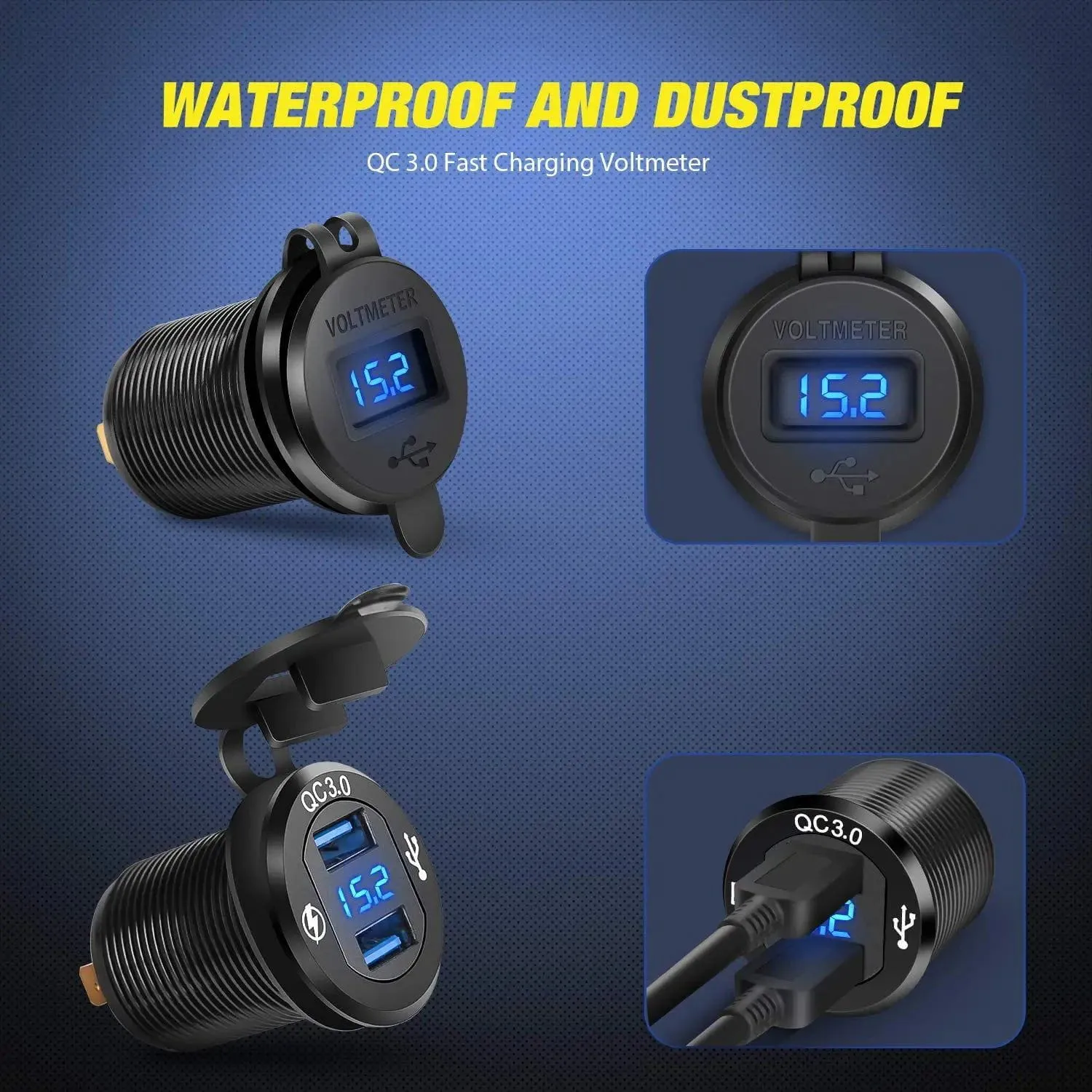 4Gang Aluminum 5Pin ON/Off Blue Rocker Switch Panel w/ QC 3.0 Dual USB Charger Voltmeter