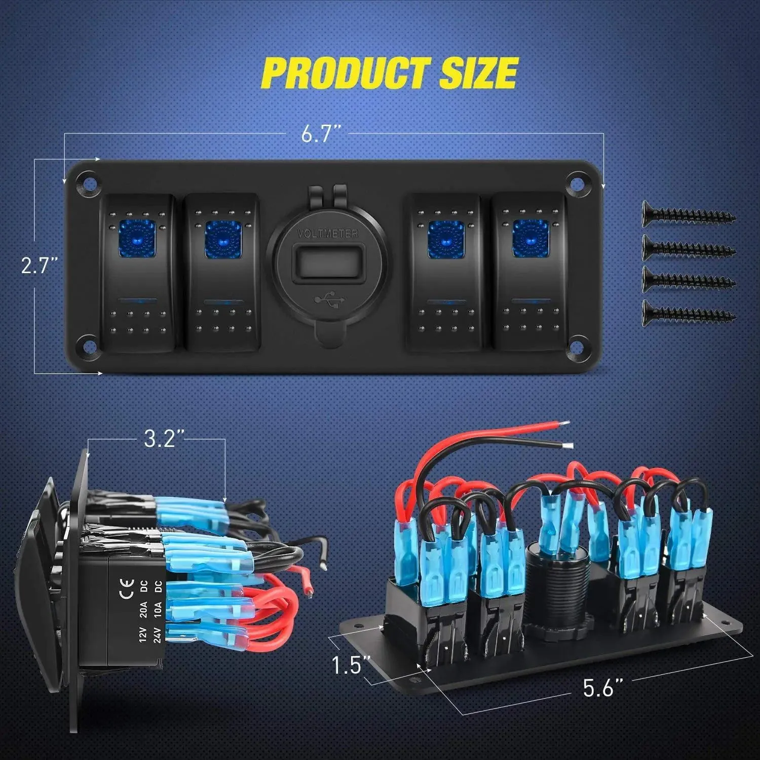 4Gang Aluminum 5Pin ON/Off Blue Rocker Switch Panel w/ QC 3.0 Dual USB Charger Voltmeter