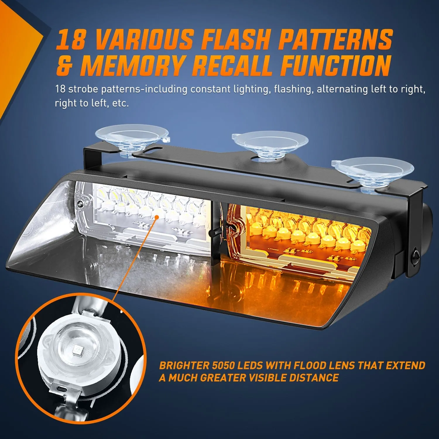 8 Inch 16 Leds Windshield Hazard Amber White Strobe Light
