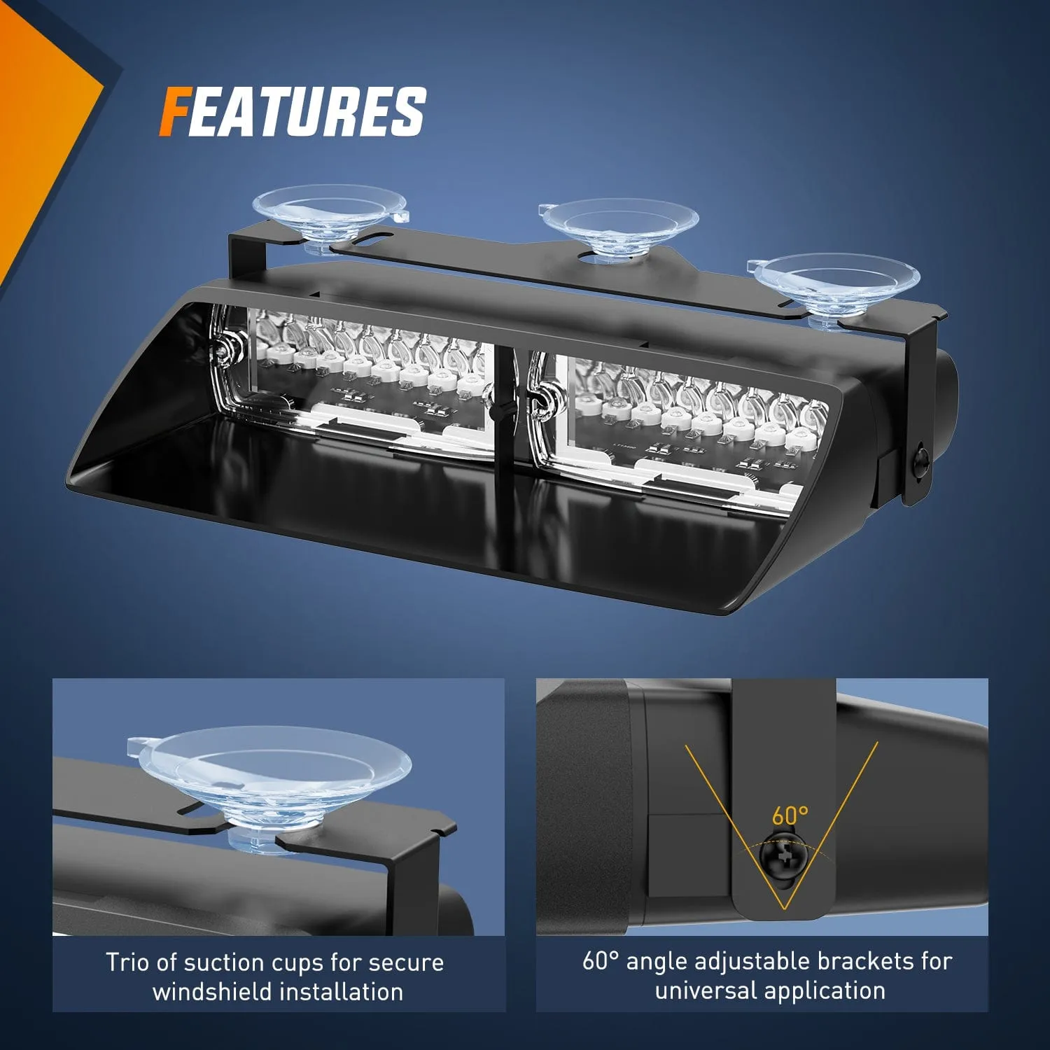 8 Inch 16 Leds Windshield Hazard Amber White Strobe Light
