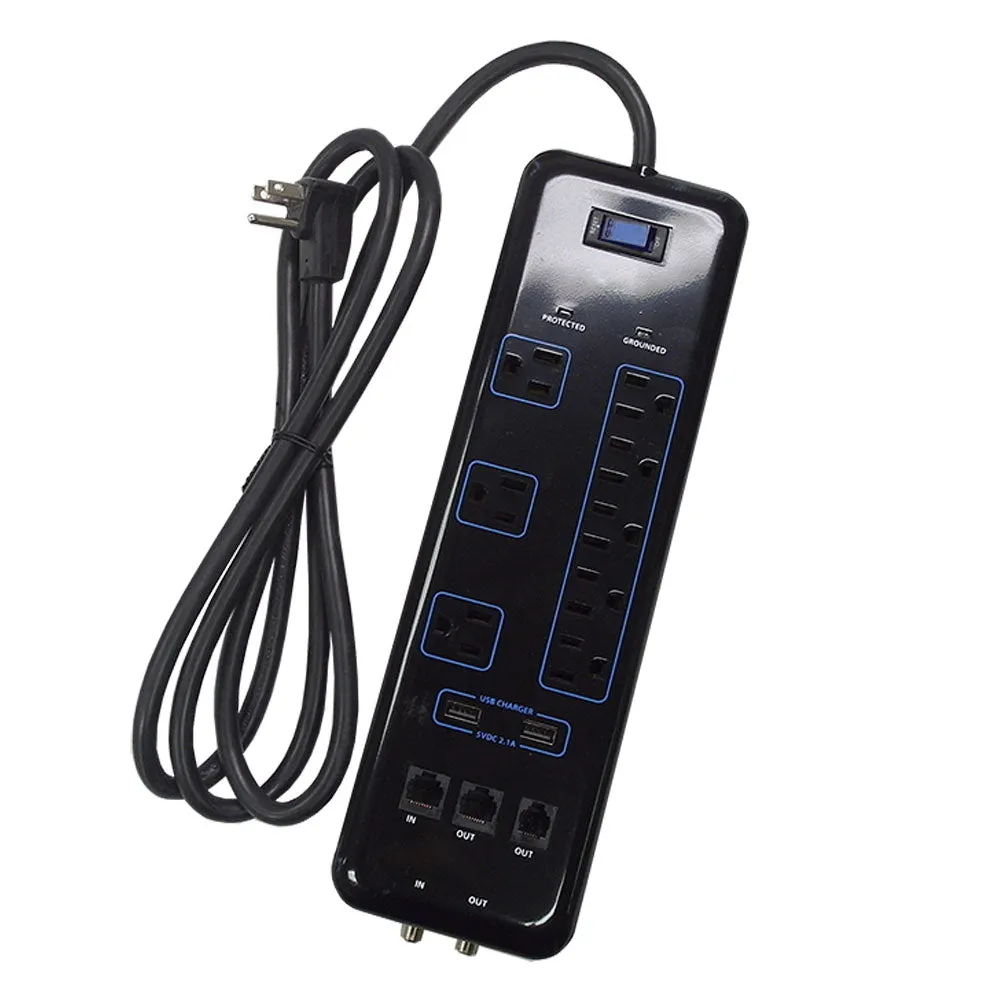 8 Outlet Surge Protector - 3600J, 6ft cord, Down Angle Plug, 2 USB Charging Ports, CATV/Phone/DSL Protection - Black