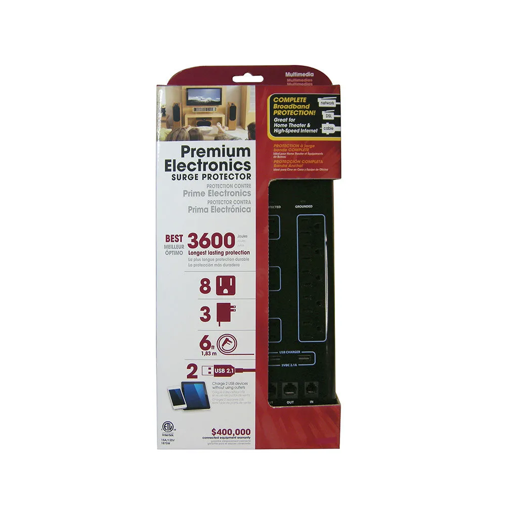 8 Outlet Surge Protector - 3600J, 6ft cord, Down Angle Plug, 2 USB Charging Ports, CATV/Phone/DSL Protection - Black