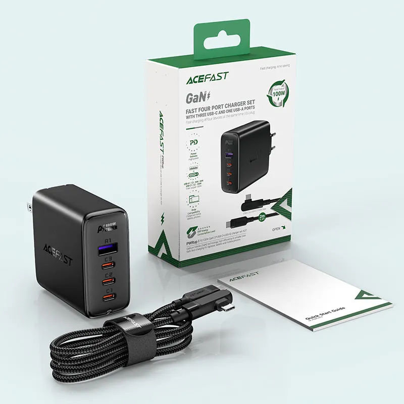 ACEFAST A39 PD100W GAN (3*USB-C USB-A) CHARGER SET WITH TYPE-C TO TYPE-C - BLACK