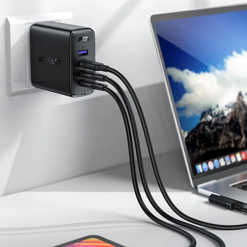 ACEFAST A39 PD100W GAN (3*USB-C USB-A) CHARGER SET WITH TYPE-C TO TYPE-C - BLACK