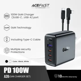 ACEFAST A39 PD100W GAN (3*USB-C USB-A) CHARGER SET WITH TYPE-C TO TYPE-C - BLACK