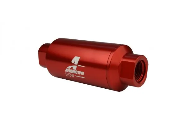 Aeromotive Filter, In-Line, 40 Micron Stainless Mesh Element, ORB-10 Port, Bright-Dip Red, 2" OD - 12335