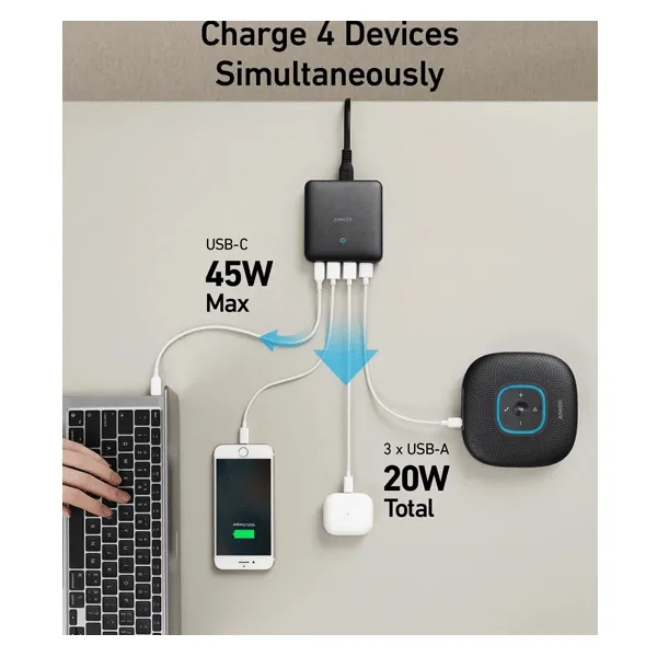 Anker 65W 4 Port PIQ 3.0 & GaN Fast Charger Adapter - A2045
