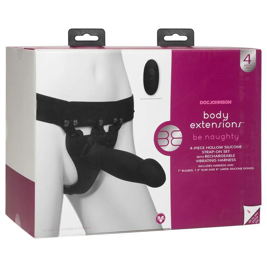 Be Naughty Vibrating Hollow Silicone Strap On Penis Extension Set Black