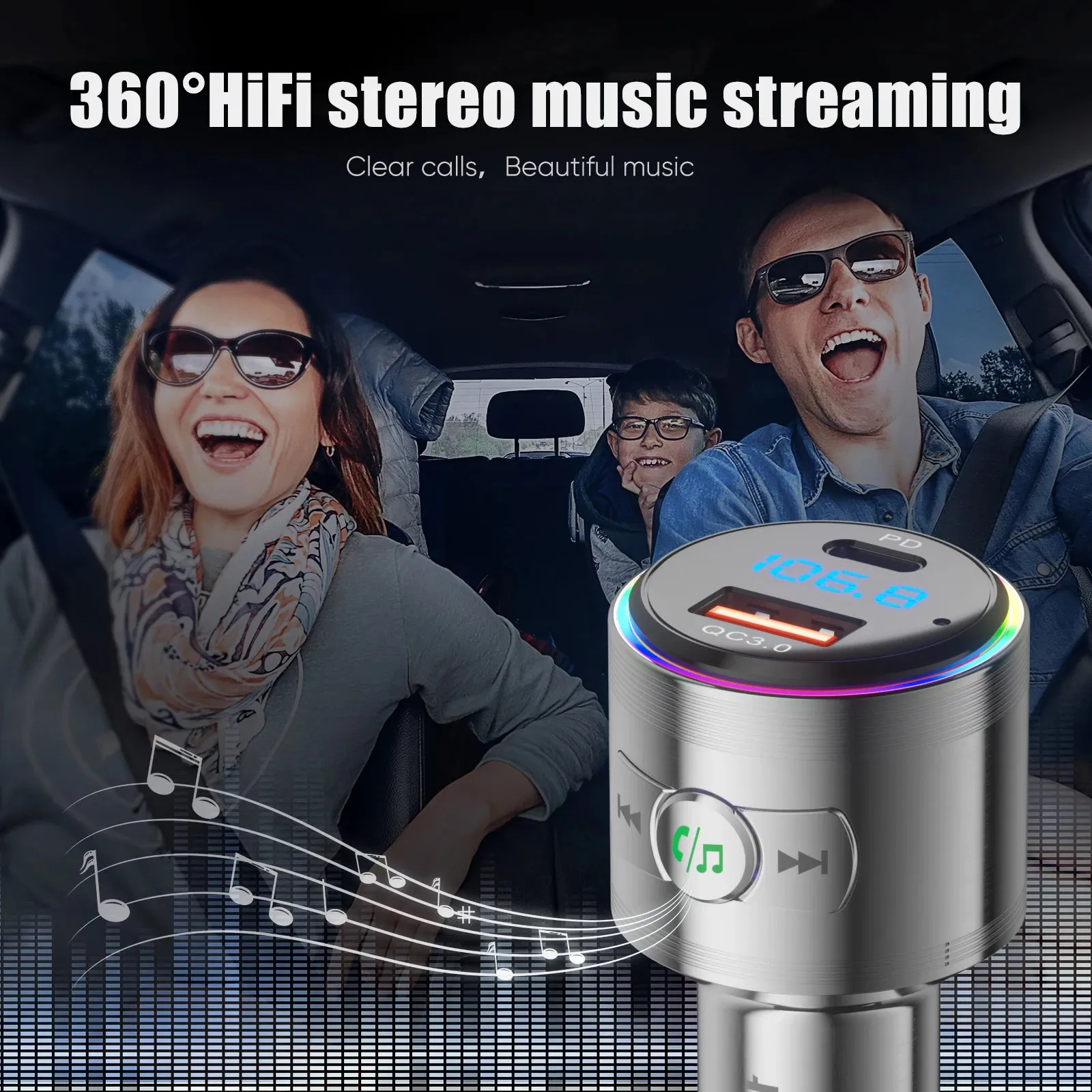 Bluetooth 5.3 FM Transmitter with PD 20W & QC3.0 Charger