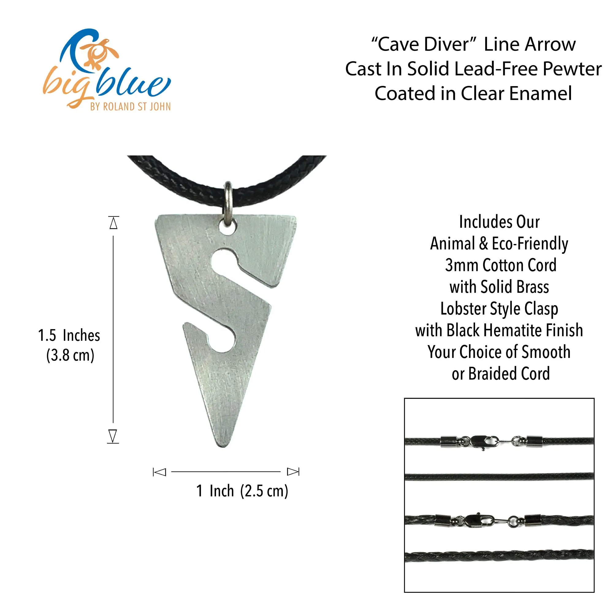Cave Diving Pewter Pendant Necklace- Line Arrow Charm | Cave Diver Line Marker For Men and Women | Gifts For Divers
