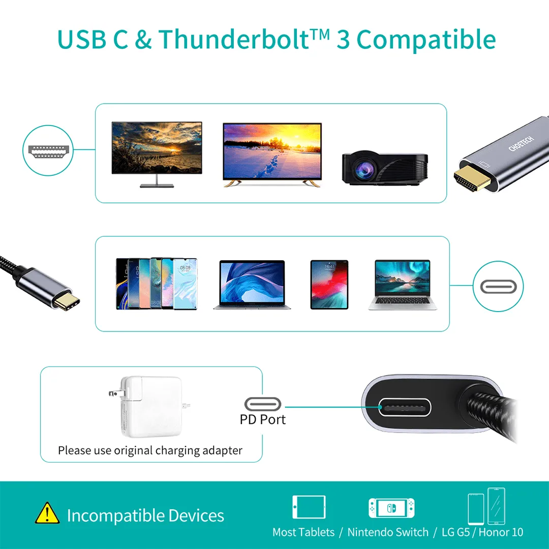 CHOETECH USB-C To HDMI Cable With 60W Power Delivery Charging Port (2M)