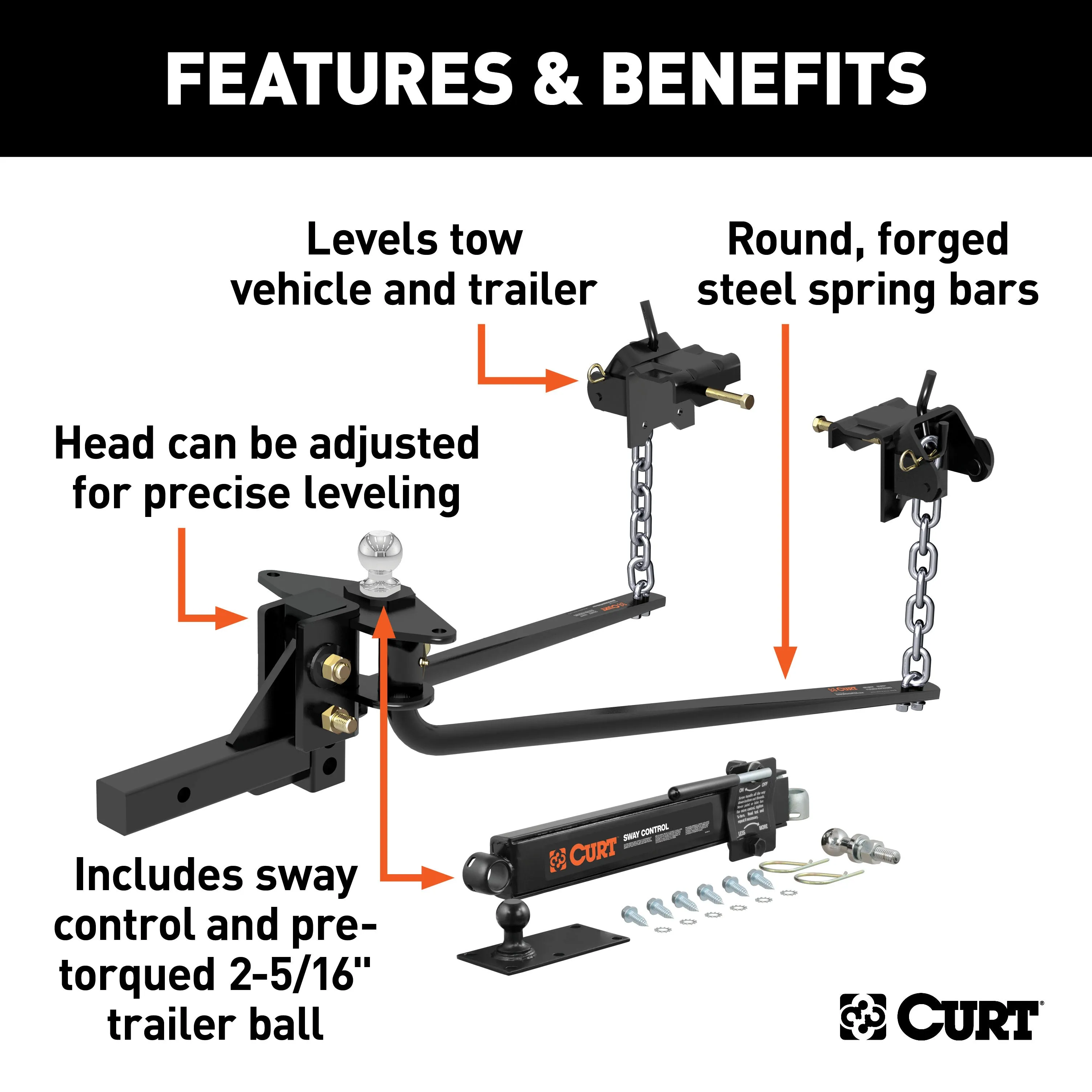 CURT 17062 Round Bar Weight Distribution Hitch with Lubrication; Sway Control (8-10K)