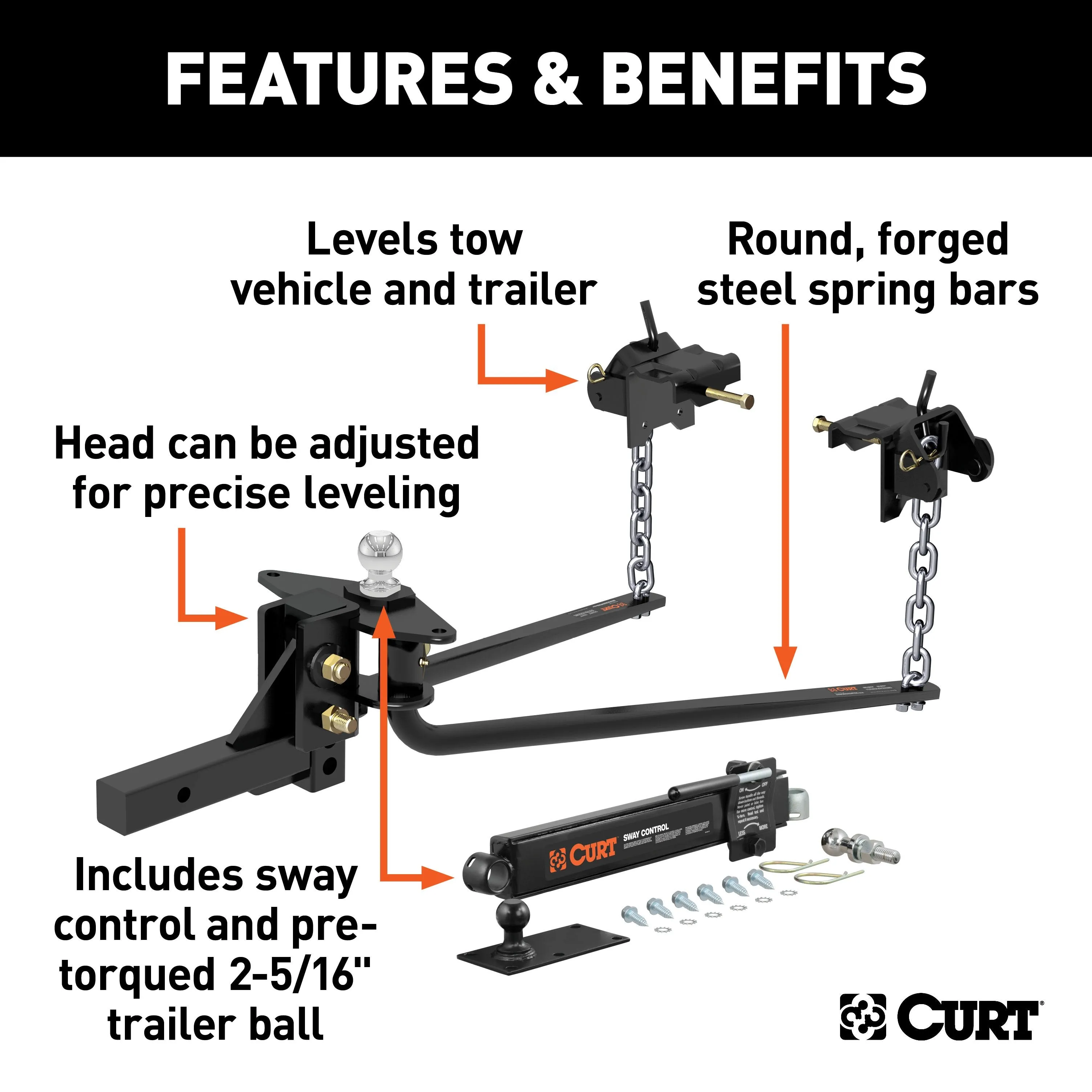 CURT 17063 Round Bar Weight Distribution Hitch with Lubrication; Sway Control (10-14K)