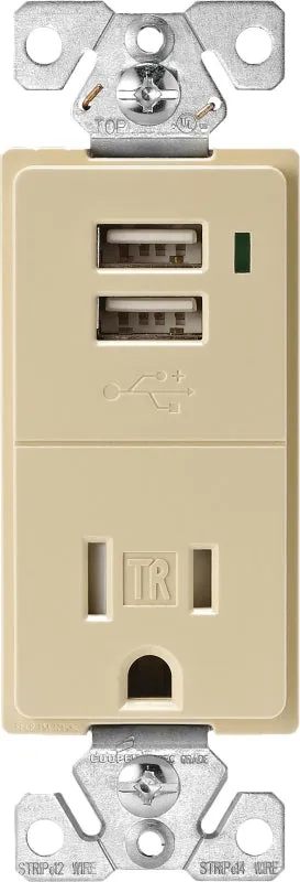Eaton Cooper Wiring TR7740V-K Combination USB Receptacle, 2 -Pole, 0.7 A USB, 15 A Receptacle, 2 -USB Port, Ivory :EA: QUANTITY: 1