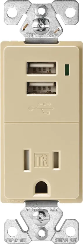 Eaton Cooper Wiring TR7740V-K Combination USB Receptacle, 2 -Pole, 0.7 A USB, 15 A Receptacle, 2 -USB Port, Ivory :EA: QUANTITY: 1