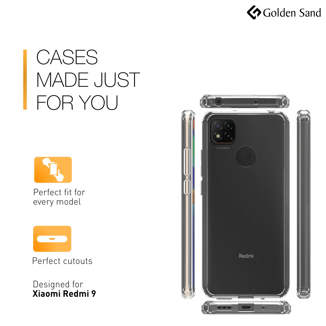 Golden Sand Transparent Hard Back & Soft Bumper Drop-Proof Rugged Back Case Cover for  Xiaomi Redmi 9