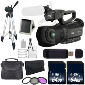 JVC GY-HM200 4KCAM COMPACT HANDHELD CAMCORDER  64GB MC FULL SIZE TRIPOD CASE  62MM 3 PIECE FILTER KIT SD READER MC WALLET DELUXE BUNDLE