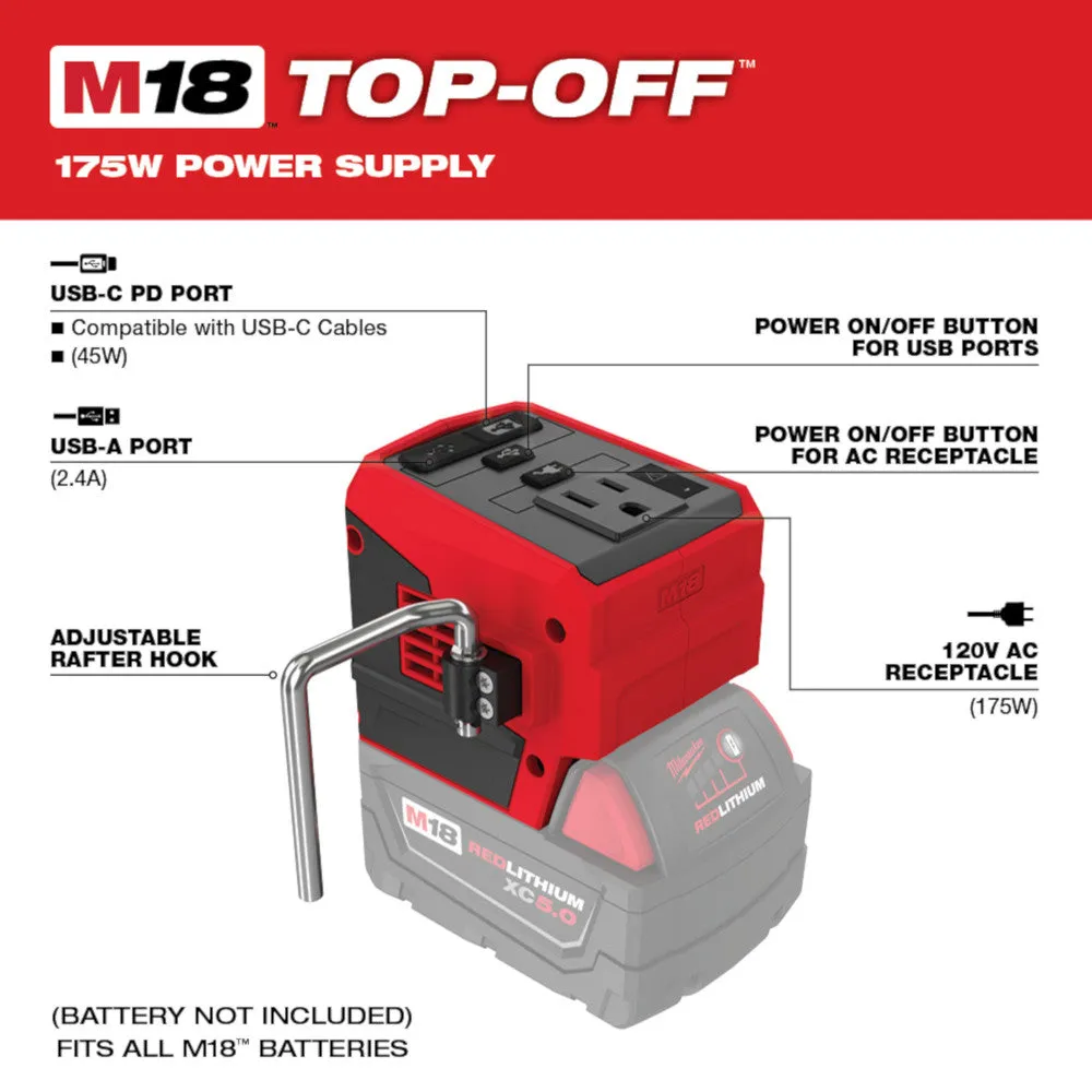 Milwaukee 2846-21HO M18 TOP-OFF 175W Power Supply & M18 Redlithium High Output XC6.0 Battery Pack
