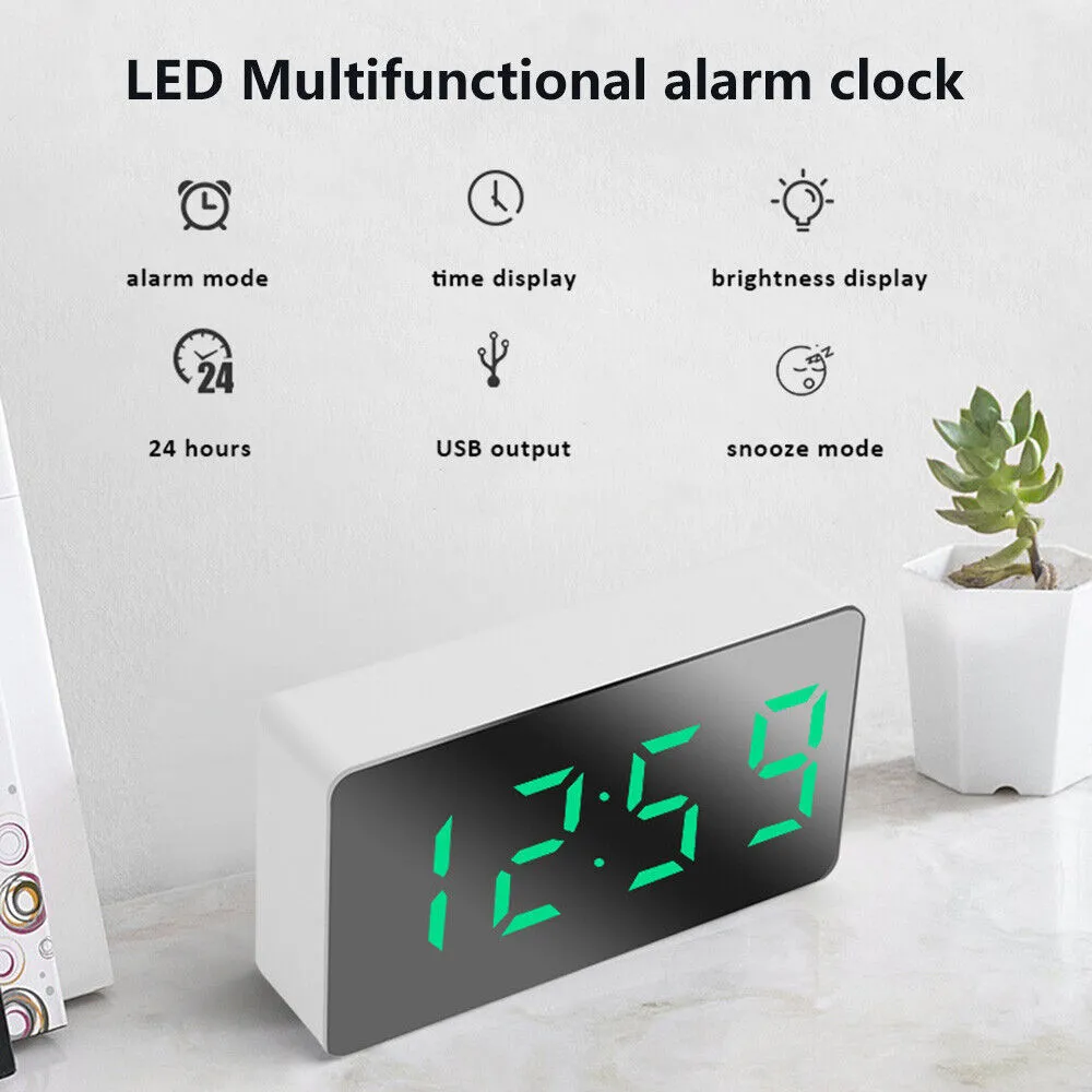 Mini Desk Alarm Clock Digital Mirror LED Big Display Bedroom Snooze Timer Home Electronic Table Clock
