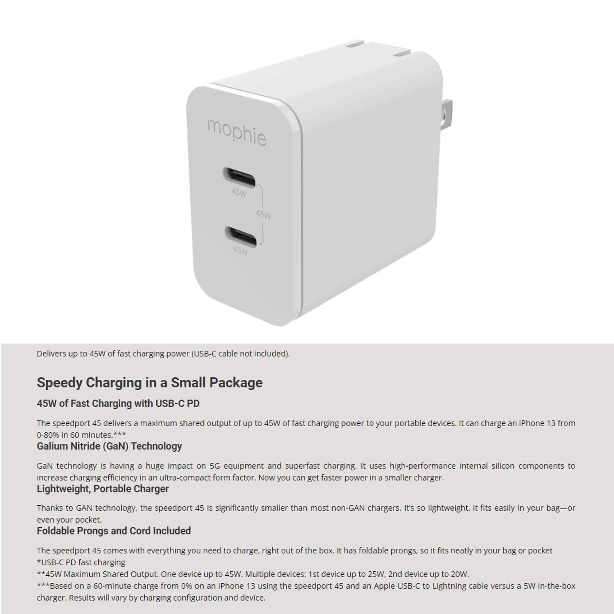 Mophie Speedport 45W GaN - USB C PD Dual Port - White (Barcode: 840056158221 )