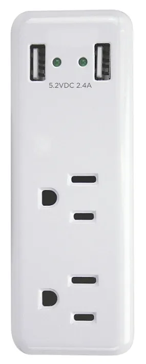PowerZone ORUSB242 Outlet Charger, 2.4 A, 2-USB Port, 2-Outlet, White :CD: QUANTITY: 1
