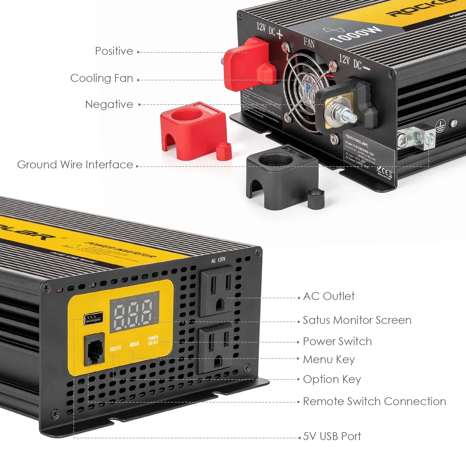 ROCKSOLAR 1000W 12V Pure Sine Wave Power Inverter with Remote Control Panel