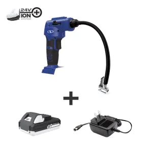 Sun Joe 24V-AJC-LTW-SJB 24-Volt iON  Cordless Portable Air Comporessor Kit | W/ 1.3-Ah Battery, Charger, Storage Bag, and Nozzle Adapters (Blue)