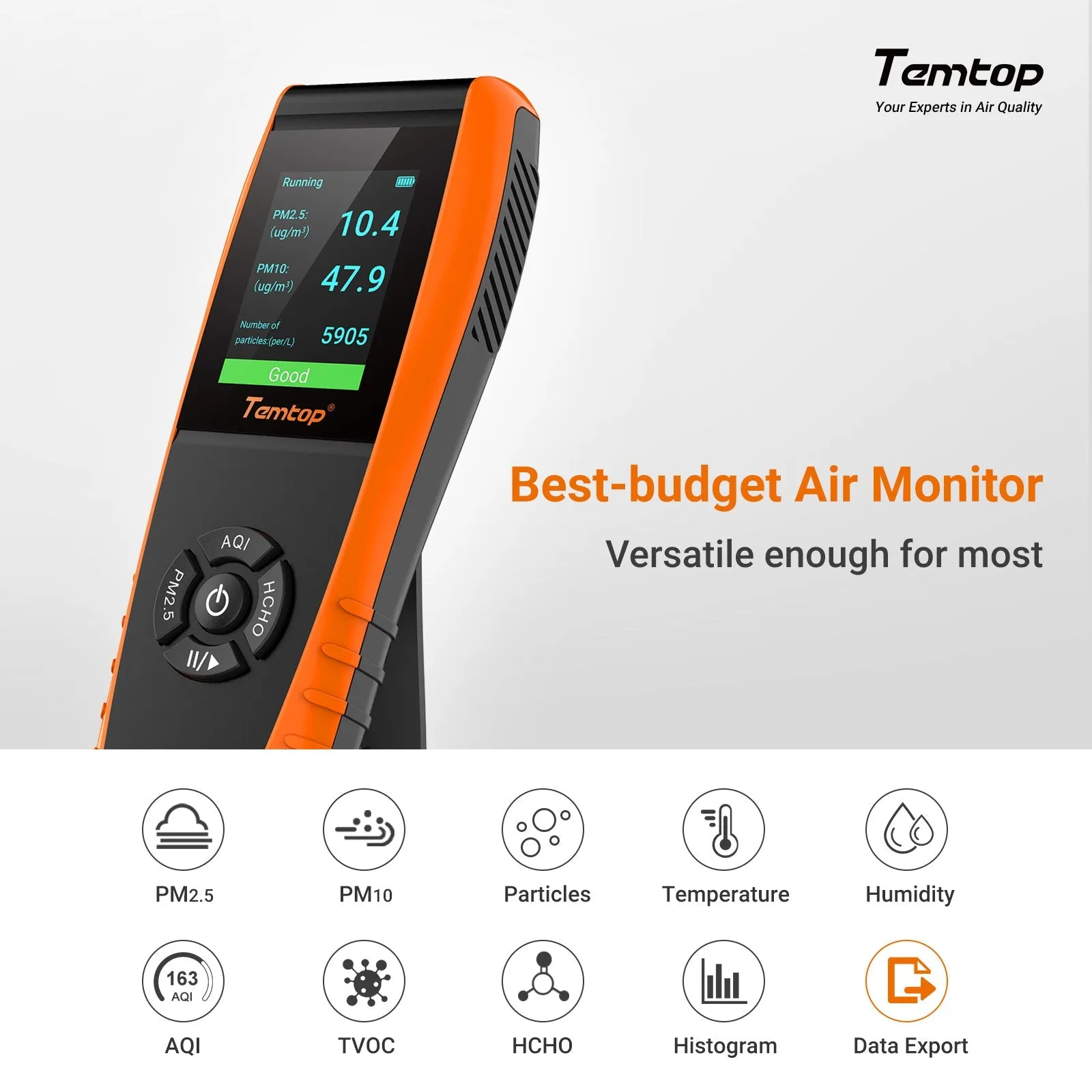 Temtop LKC-1000S  2. Air Quality Monitor for PM2.5 PM10 HCHO AQI Particles VOCs Humidity Temperature, Date Dxport