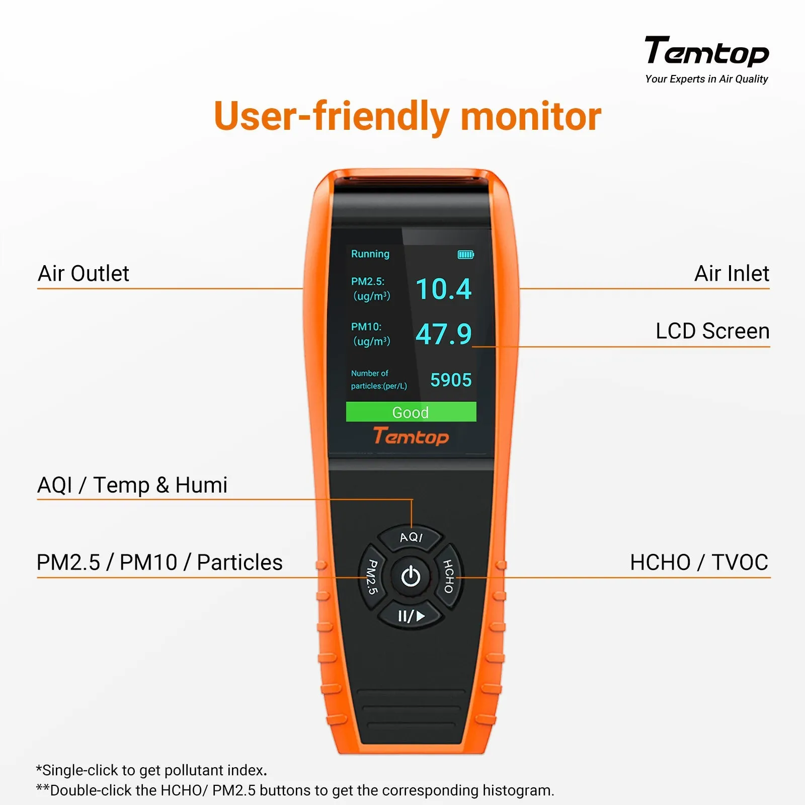 Temtop LKC-1000S  2. Air Quality Monitor for PM2.5 PM10 HCHO AQI Particles VOCs Humidity Temperature, Date Dxport