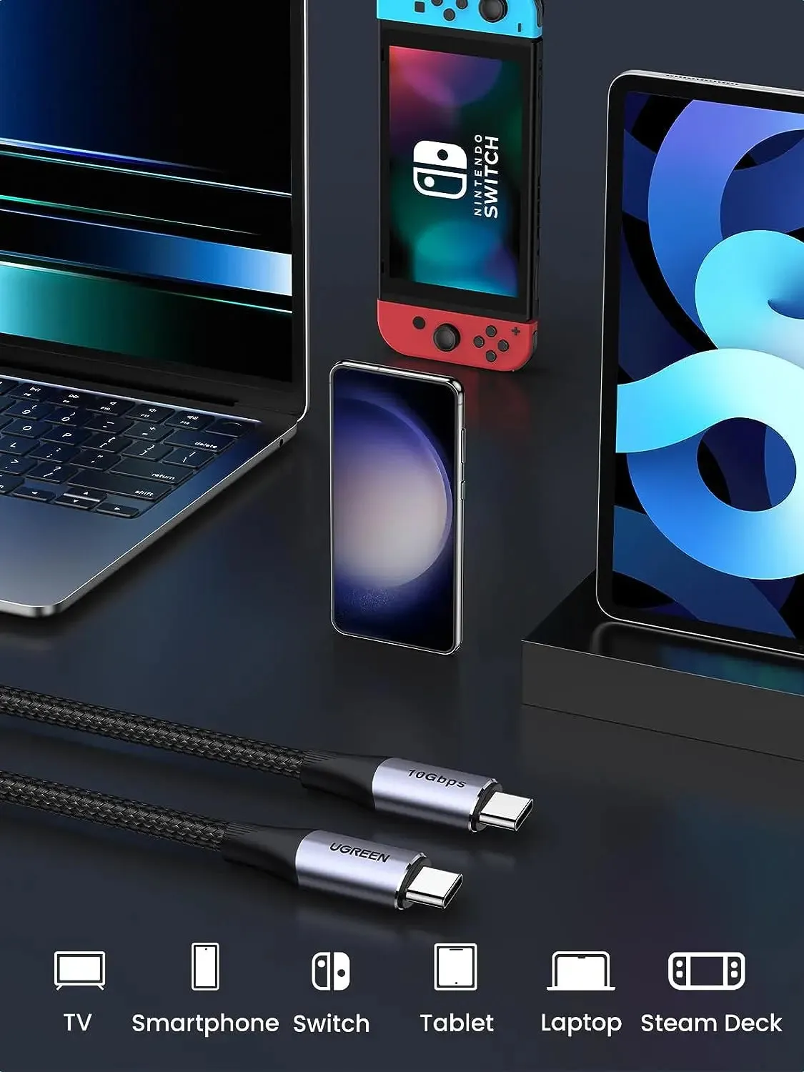 UGREEN 1m 100W PD USB-C 3.1 Gen 2 male to USB-C Cable, 10Gbps/4K@60Hz Video/Audio/Thunderbolt 3 Compatible for MacBook Pro/Air, Huawei Matebook, iPad Pro 2020, Chromebook, Samsung Galaxy S20/S10, Pixel (80150)