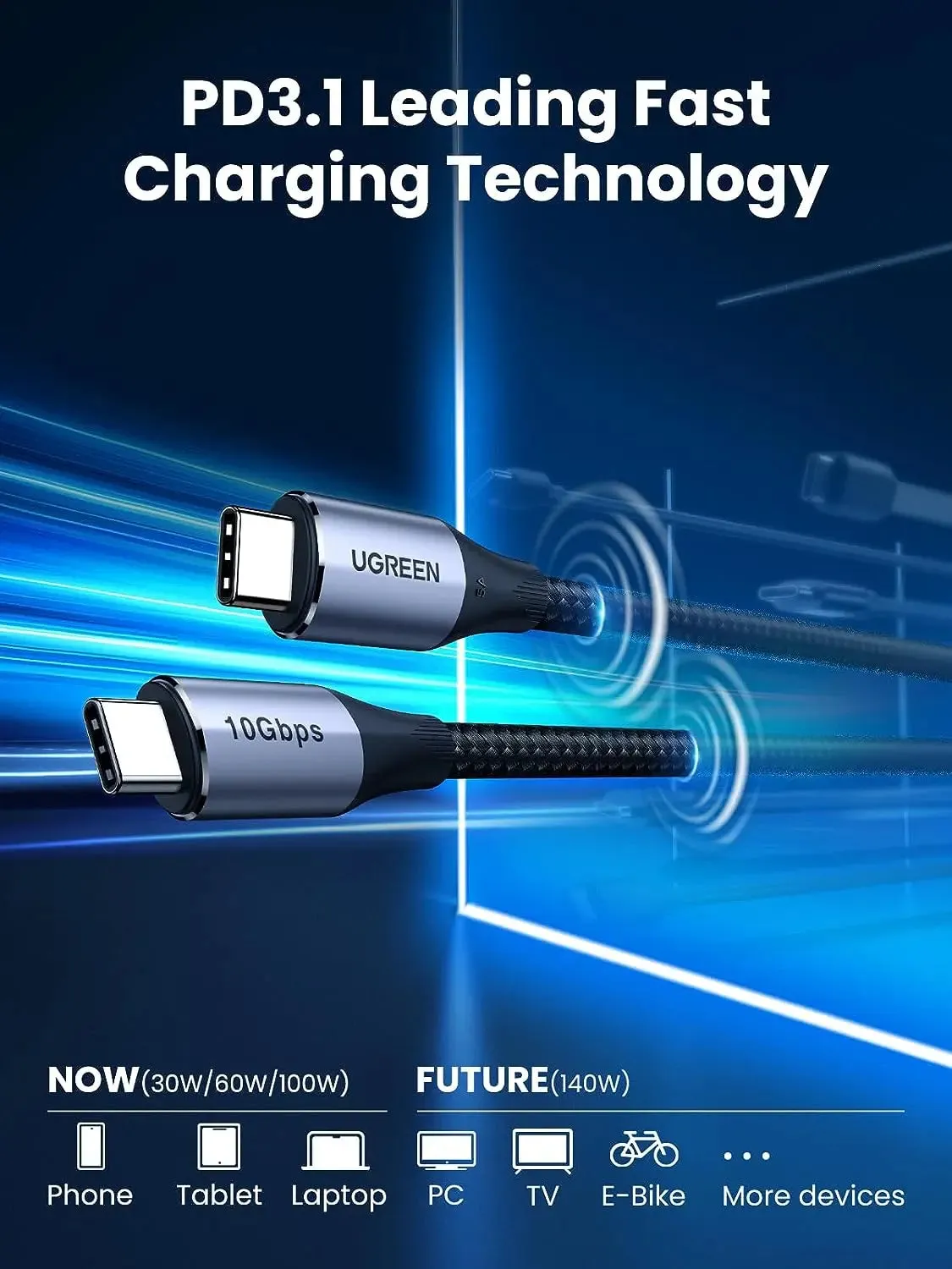 UGREEN 1m 100W PD USB-C 3.1 Gen 2 male to USB-C Cable, 10Gbps/4K@60Hz Video/Audio/Thunderbolt 3 Compatible for MacBook Pro/Air, Huawei Matebook, iPad Pro 2020, Chromebook, Samsung Galaxy S20/S10, Pixel (80150)
