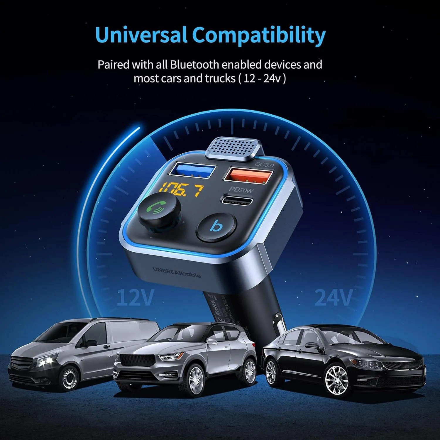 Unbreakcable Bluetooth 5.3 FM Transmitter for Car, [PD 20W   QC 3.0] [Stronger Microphone & Hifi Bass Sound] Cigarette Lighter Radio Music Adapter Charger, Supports Hands-Free Siri Google Assistant