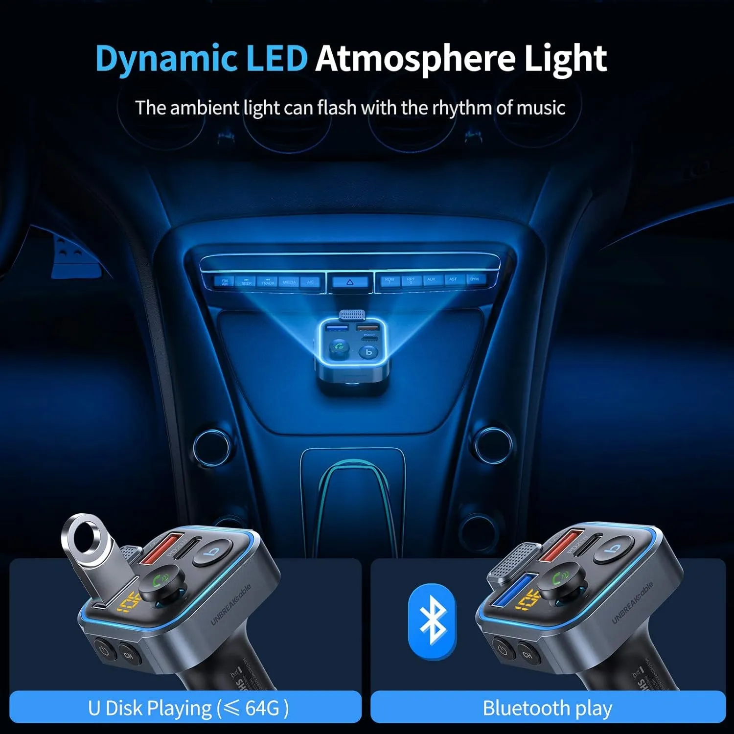 Unbreakcable Bluetooth 5.3 FM Transmitter for Car, [PD 20W   QC 3.0] [Stronger Microphone & Hifi Bass Sound] Cigarette Lighter Radio Music Adapter Charger, Supports Hands-Free Siri Google Assistant