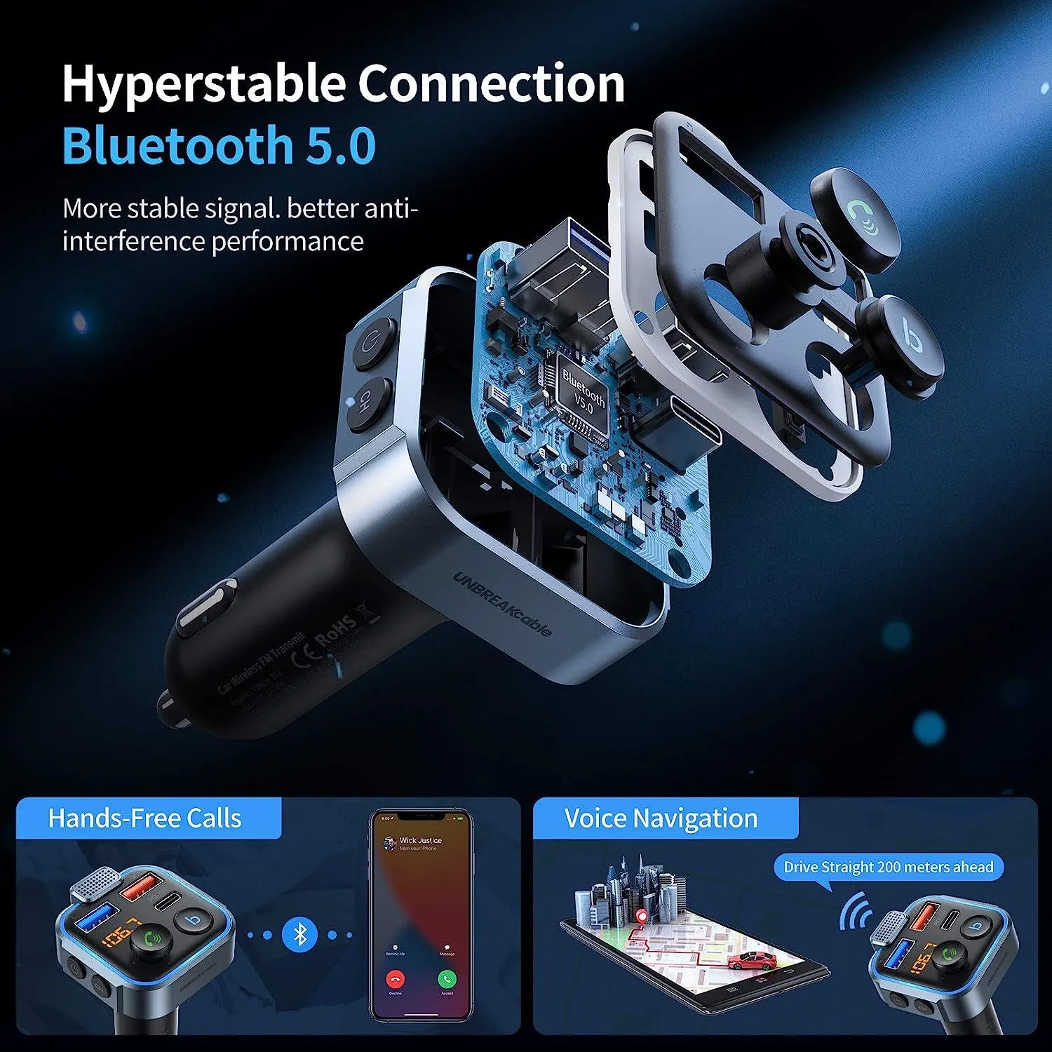 Unbreakcable Bluetooth 5.3 FM Transmitter for Car, [PD 20W   QC 3.0] [Stronger Microphone & Hifi Bass Sound] Cigarette Lighter Radio Music Adapter Charger, Supports Hands-Free Siri Google Assistant
