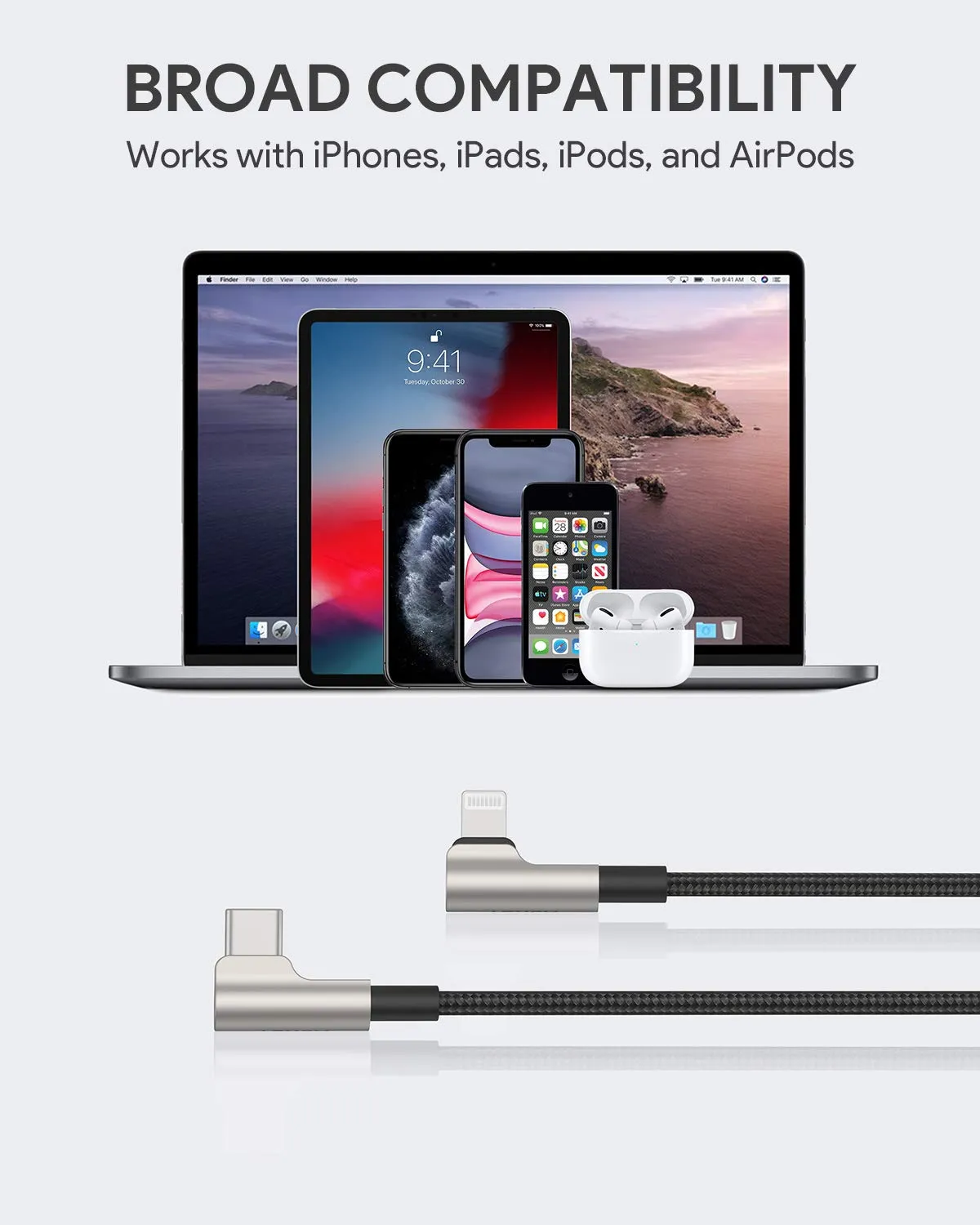 USB-C to Lightning Cable Right Angle 90 Degree 6.6ft Braided Nylon MFi-Certified