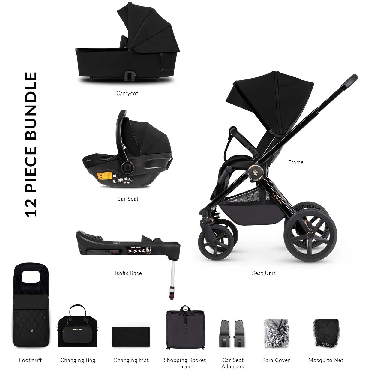 Venicci Tinum Upline Complete Travel System Bundle in All Black