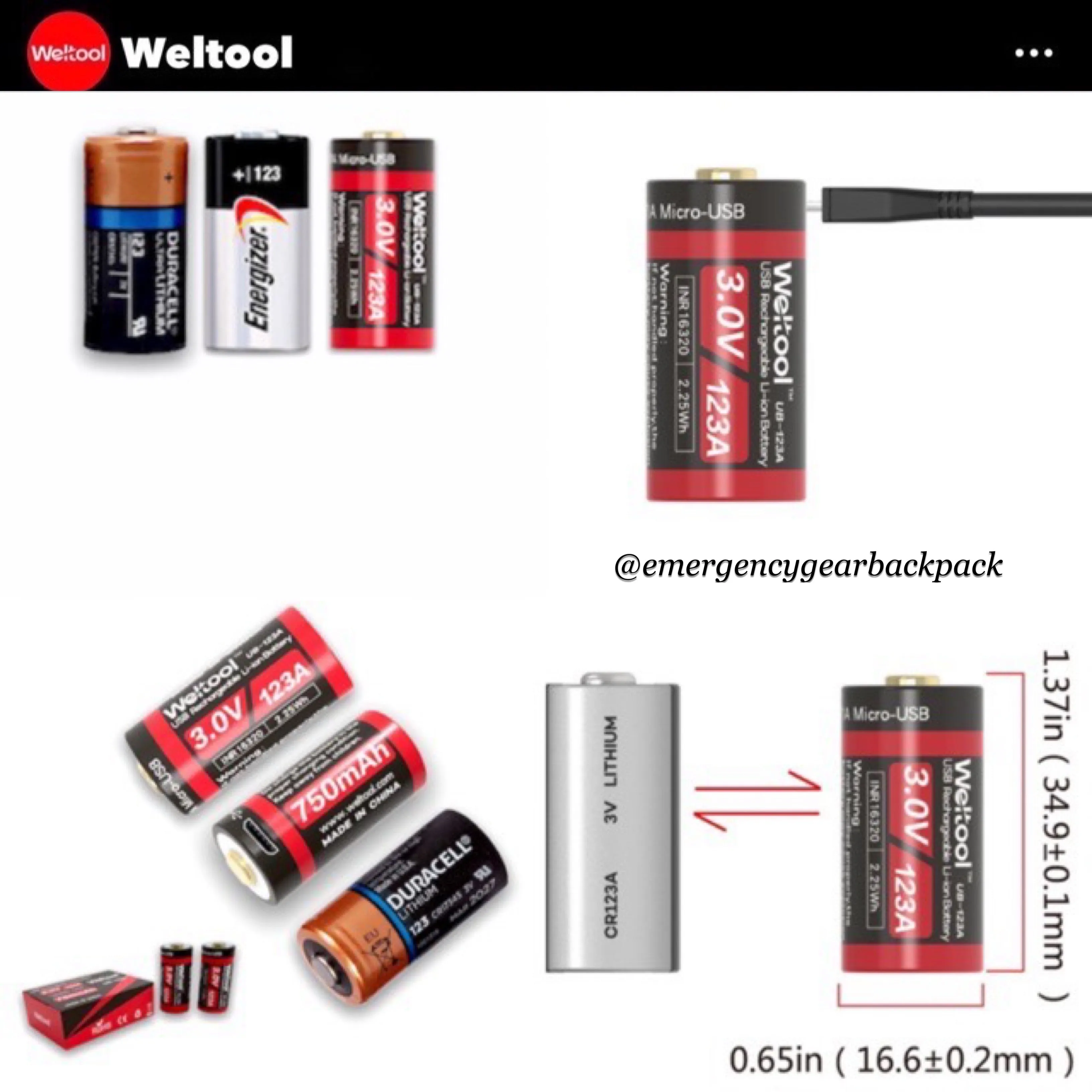 Weltool UB-123A 750mAh 3.0V USB Rechargeable Li-ion Battery