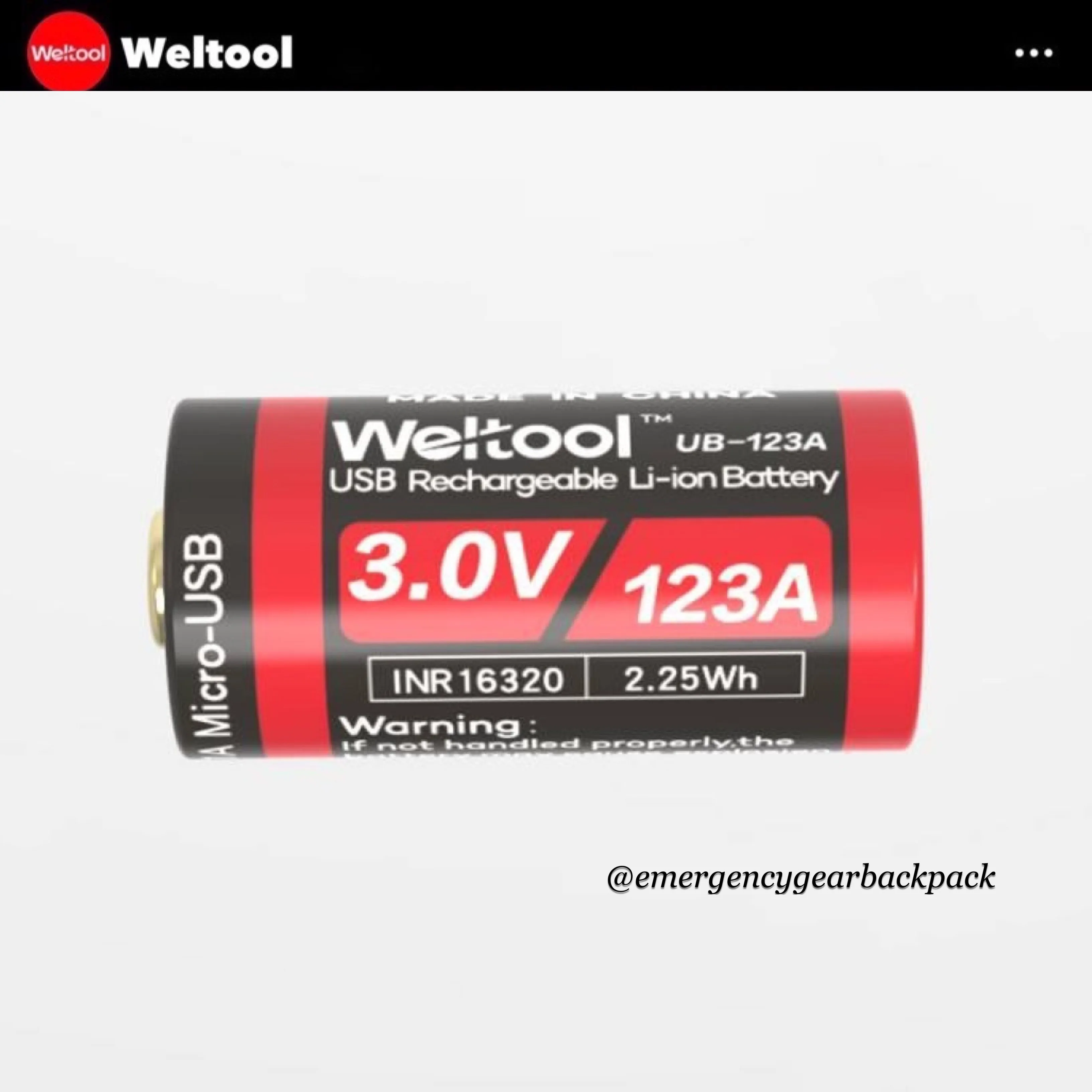 Weltool UB-123A 750mAh 3.0V USB Rechargeable Li-ion Battery
