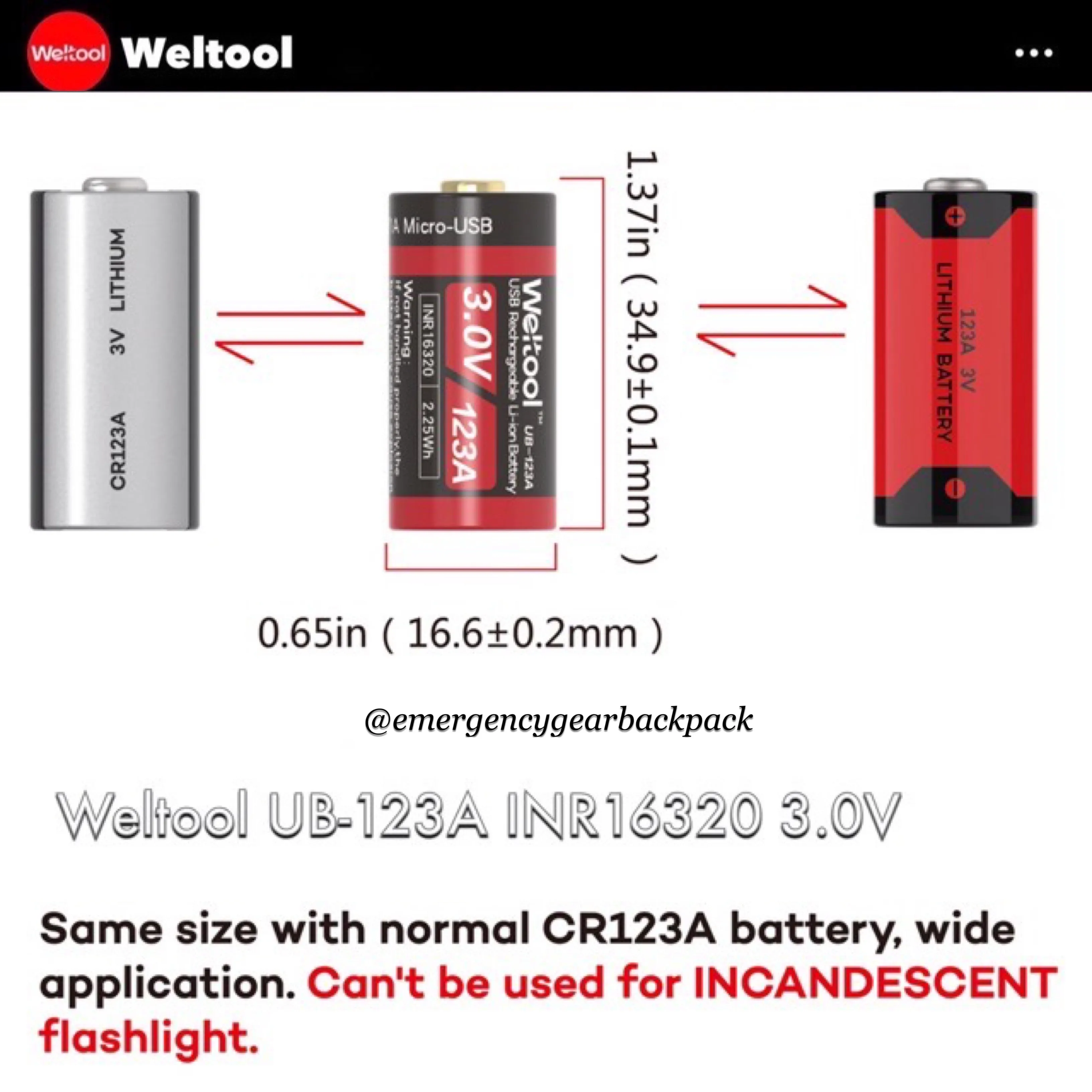 Weltool UB-123A 750mAh 3.0V USB Rechargeable Li-ion Battery