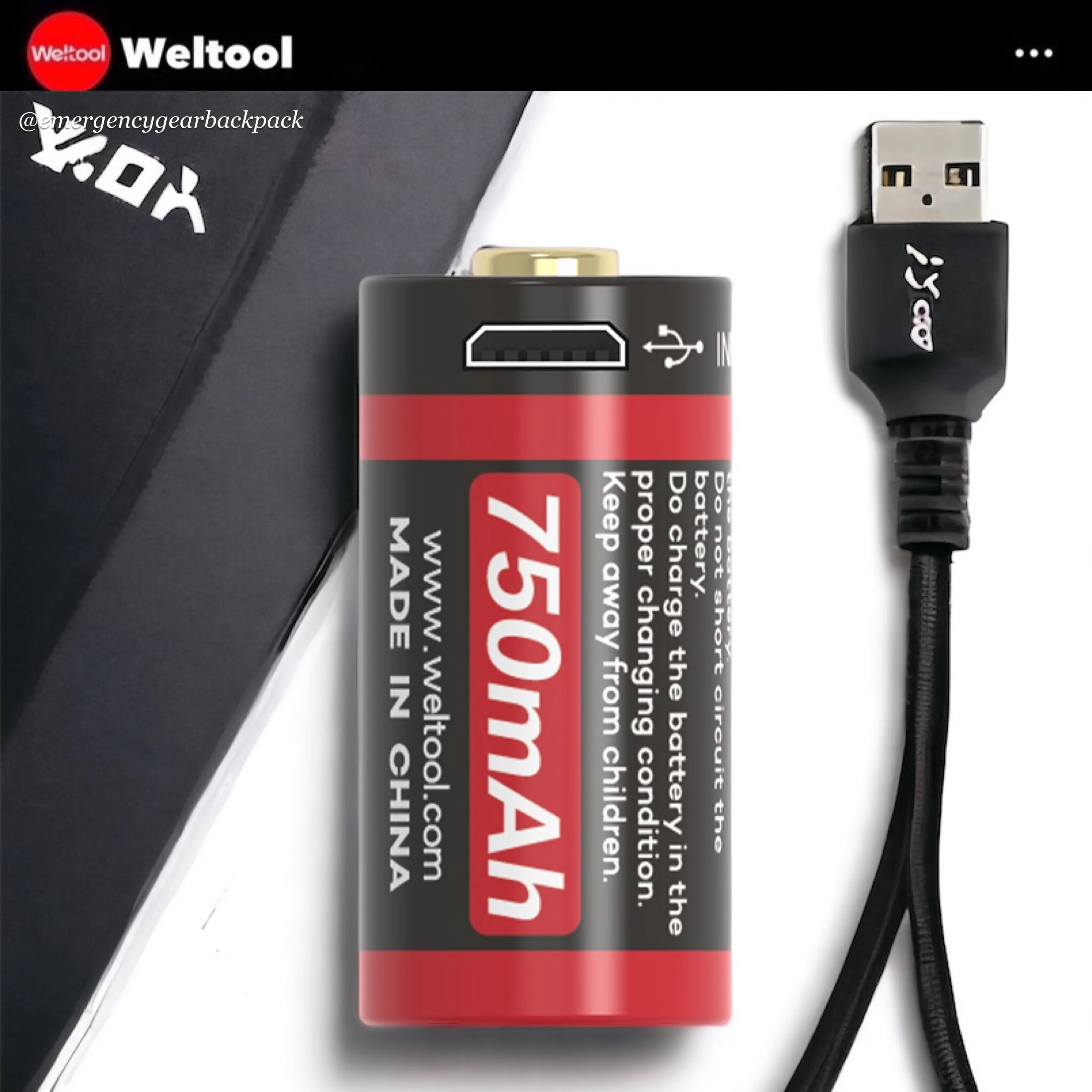 Weltool UB-123A 750mAh 3.0V USB Rechargeable Li-ion Battery